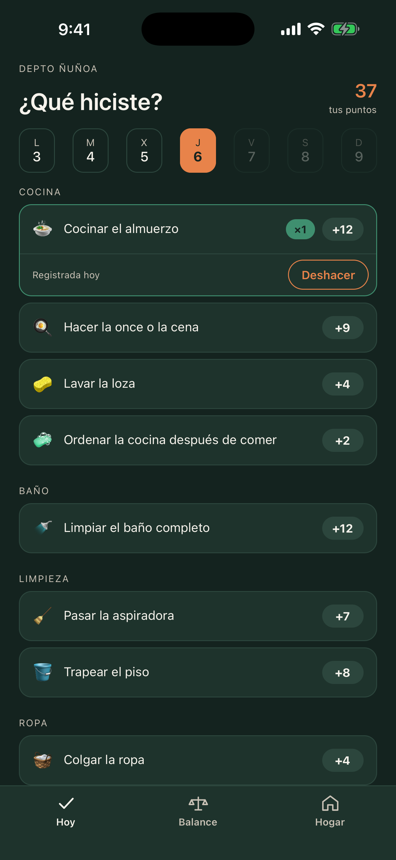 Pantalla Hoy de Reparte: las tareas del día con su puntaje
